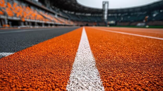 Track and Field Running Track Close-Up with Stadium Seating in Background, Sport and Fitness Concept photo