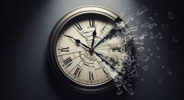 Concept of Time Passing Broken Clock Face with Shattered Glass on a Dark Background photo