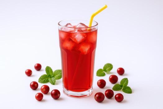 Refreshing Cranberry Juice with Ice Cubes and Mint Garnish, Served in Tall Glass on White Background photo
