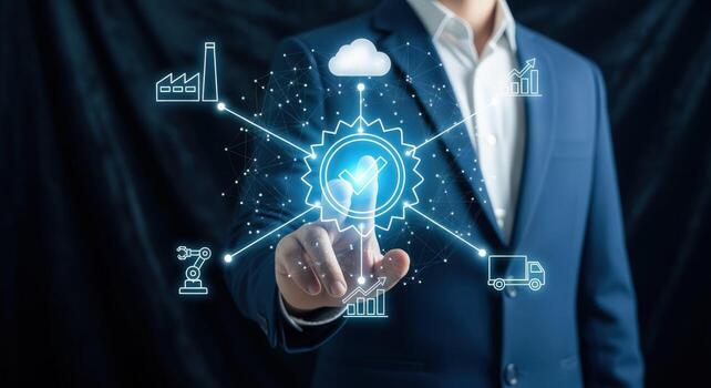 Smart Industry Technology Solutions Businessman Touching Virtual Interface Representing Innovative Manufacturing Processes and Digital Transformation photo