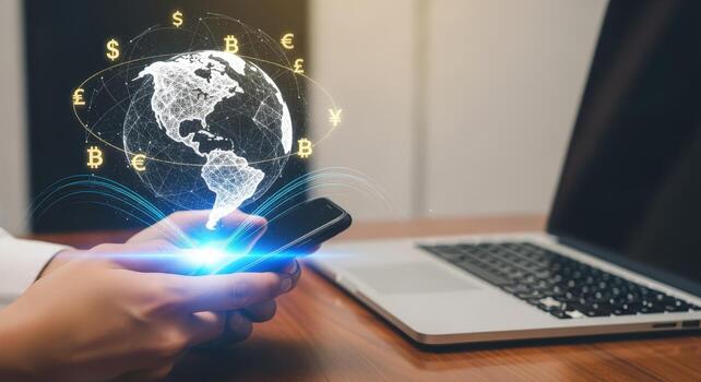 Global Digital Finance Mobile Transactions and Cryptocurrency Network Connecting the World with Laptop photo