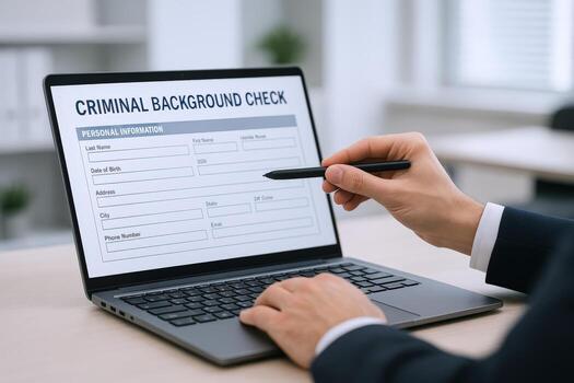 Online Criminal Background Check Form on Laptop Screen Being Filled Out by Applicant photo