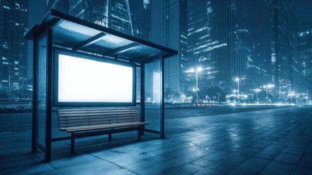 Cityscape at Night Illuminated Bus Stop Billboard with Blank Advertisement Space for Custom Messaging photo
