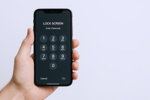 Hand Holding Mobile Phone with Lock Screen Interface Displaying Passcode Entry for Security photo