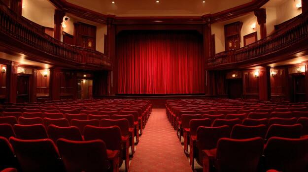 Elegant Theater Interior with Red Velvet Curtains and Empty Seats, Ready for a Performance photo