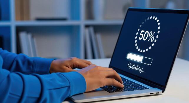 Laptop Screen Displaying Software Update in Progress with Users Hands on the Keyboard photo