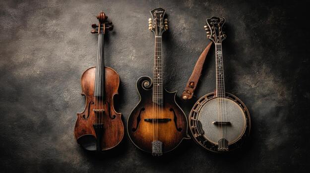 Acoustic String Instruments Violin, Mandolin, and Banjo Showcase on Dark Textured Background for Musical Projects photo