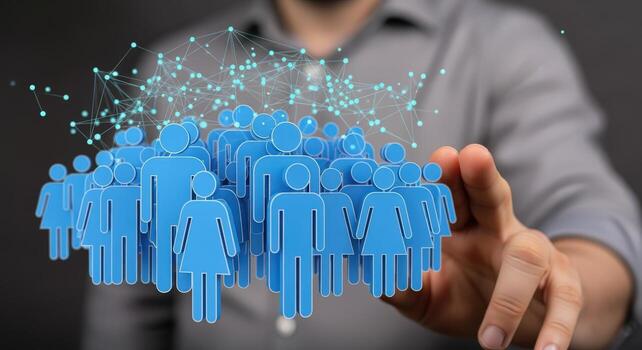 Abstract Social Network Visualization Hand Interacting with a Digital Crowd Concept with Connection Dots photo