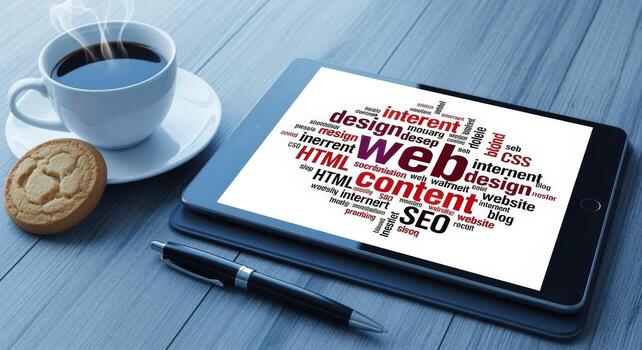 Web Content Creation Concept with Tablet, Coffee, and Cookie on a Wooden Desk photo