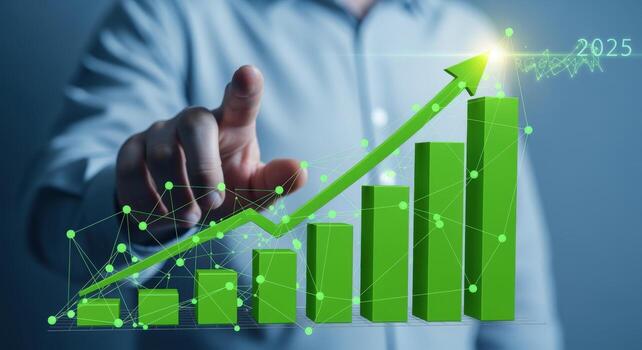 Projected Business Growth Chart with Man Pointing Towards Positive Trend to 2025 and Beyond photo