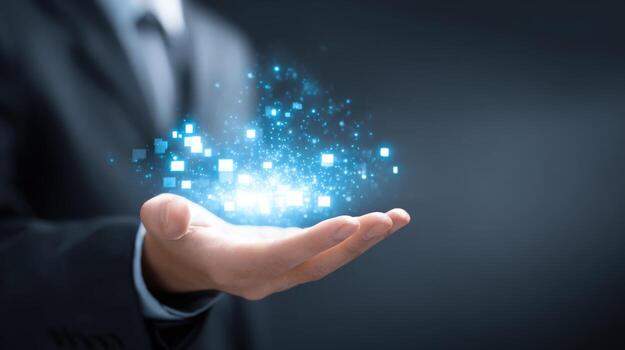 Hand holding digital data cloud Business professional displaying futuristic technology and innovation concept photo