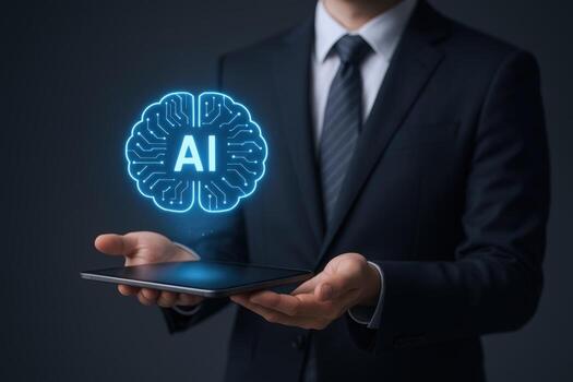 Artificial Intelligence Concept Businessman Holding Tablet Displaying AI Brain, Representing Innovation, Technology, and Neural Networks photo