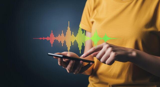 Person Interacting with Digital Soundwave on Smartphone, Representing Audio Technology and Data Analysis photo
