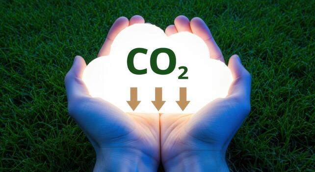 Hands Holding Glowing Cloud with CO2 Reduction Concept Against Green Grass Background photo