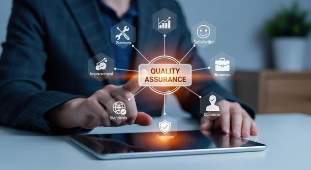 calidad garantía concepto negocio profesional analizando datos en tableta con digital qa interfaz foto