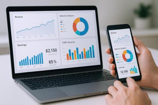 Analyzing Business Performance Laptop and Mobile Displaying Financial Data, Charts and Graphs for Strategic Decision-Making photo