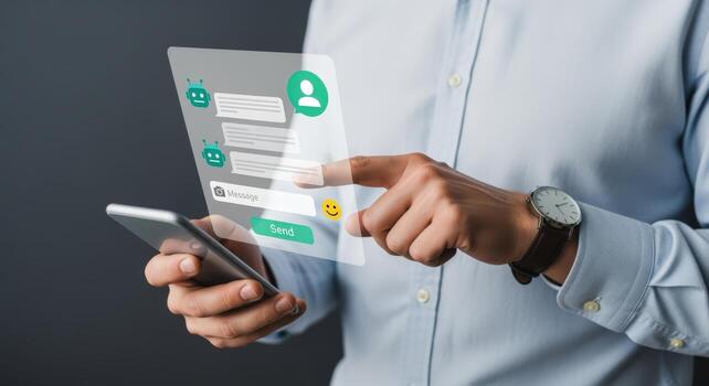 Man Interacting with AI Chatbot on Smartphone, Digital Interface and Communication Technology Concept photo