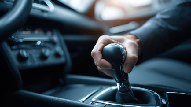Hand shifting gears in a car with a manual transmission, highlighting the driver experience photo