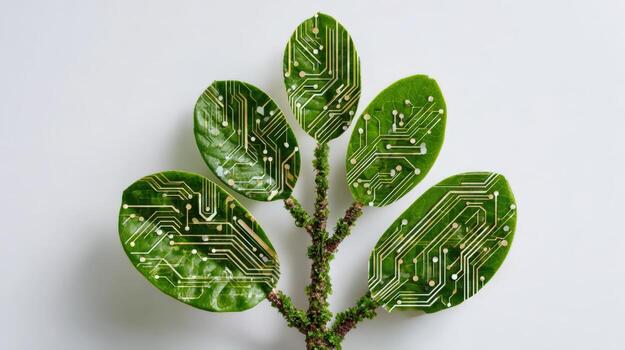 Green Technology Integration Plant Branch with Electronic Circuitry Symbolizing Sustainable Tech Solutions and Innovation photo