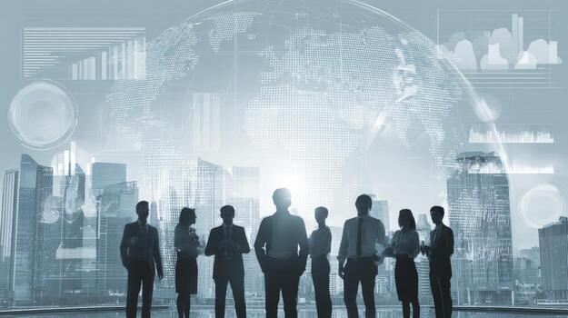 Global Business Team Overlooking Cityscape with Data Visualization, Representing Strategy and Innovation photo