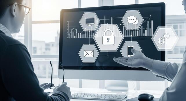 Data Protection and Cybersecurity Businessmen Discussing Security Measures Displayed on a Computer Screen in a Modern Office photo