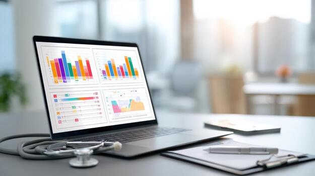 Healthcare Analytics Laptop Displaying Medical Data Charts with Stethoscope and Clipboard for Telemedicine Concepts photo