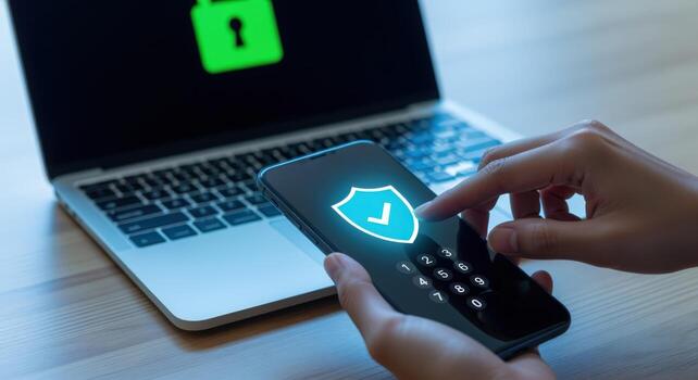 la seguridad cibernética autenticación persona asegurando móvil dispositivo con contraseña para digital intimidad y datos proteccion foto