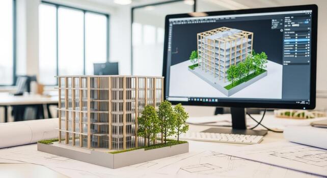 Architectural Design Studio 3D Model and Computer Rendering Showcase Sustainable Building Concepts and Innovative Technology photo