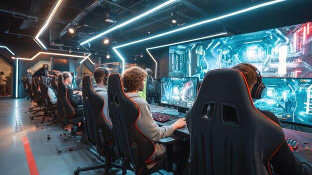 Professional Esports Team Practicing in a Gaming Arena, Focused on Strategy and Teamwork for Tournament photo