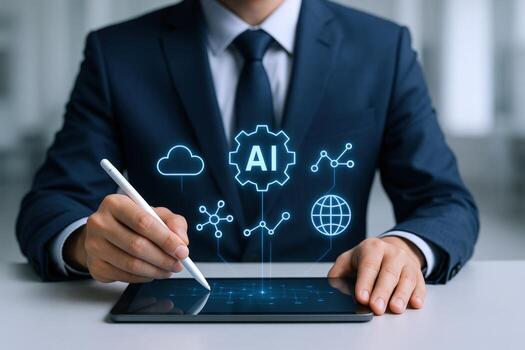 ai tecnología concepto empresario utilizando tableta con artificial inteligencia interfaz para negocio soluciones foto