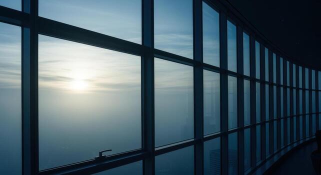 Panoramic View Through Office Windows with Sunlit Sky, Emphasizing Modern Architecture and Tranquil Atmosphere photo