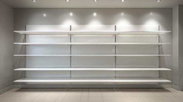 Empty White Shelves in a Retail Store Space Ready for Product Placement and Visual Merchandising photo
