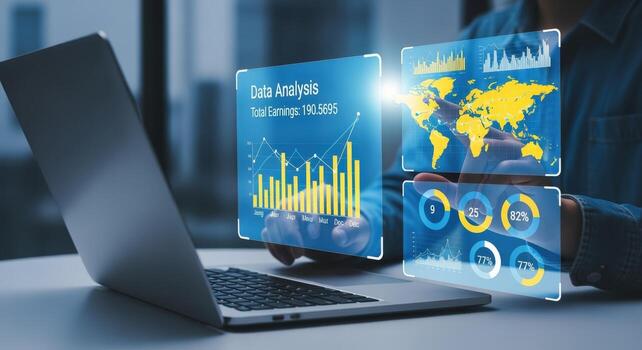 Data Analysis on Futuristic Interface Man Interacting with Virtual Graphs and World Map on Laptop photo