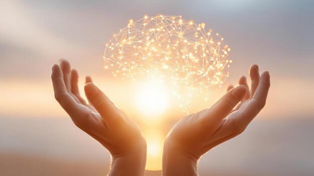Hands holding illuminated brain concept, symbolizing knowledge, technology, artificial intelligence, and neurological connections against a sunset sky photo