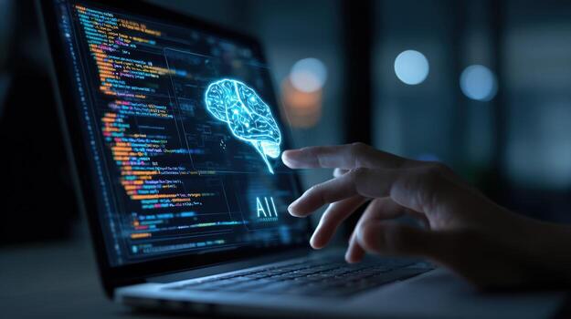 AI Brain Interface Programmer Interacting with Artificial Intelligence on Laptop Screen Displaying Code photo