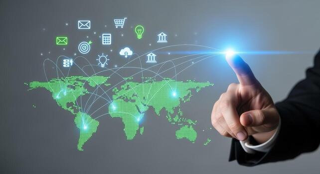 Global Network Concept Man Touches Holographic World Map Display for International Business and Communication photo