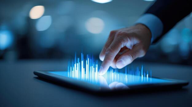 Man Interacting with Futuristic Interface on Tablet Device, Showing Data Visualization and Business Analytics photo