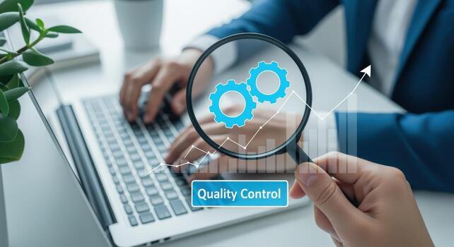 Quality Control Assessment Business Analysis with Magnifying Glass Over Gears, Analyzing Data on Laptop Screen photo