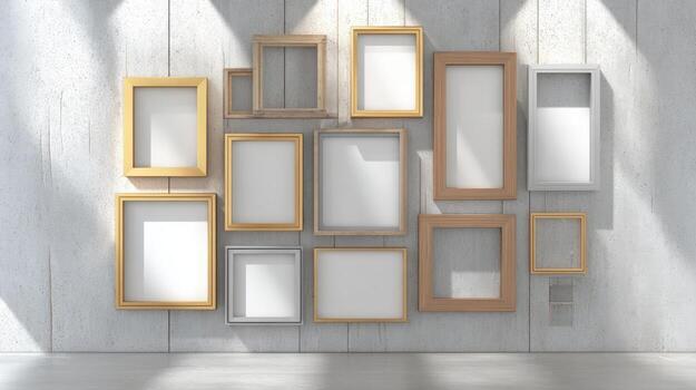 Elegant Gallery Wall Mockup Featuring an Assortment of Empty Picture Frames on White Textured Background photo
