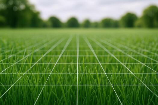 Lush Green Grass Field with Grid Lines A Conceptual Image for Planning and Development photo