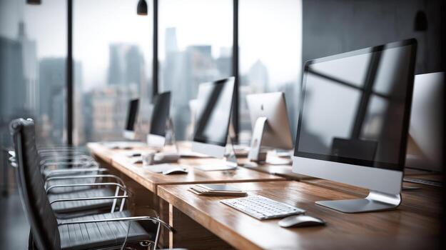 Modern Office Workspace with Computers, Desks, and City View for Business or Creative Professionals photo