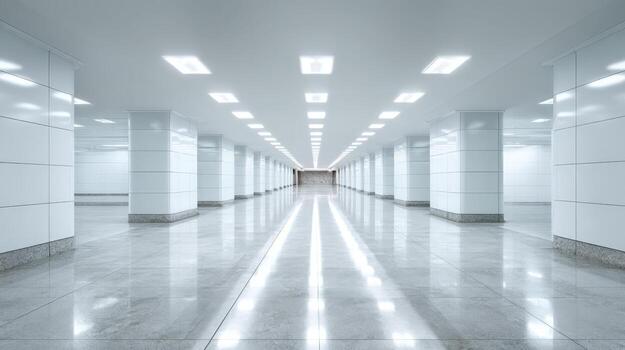 Endless White Corridor with Symmetrical Columns and Reflections, Ideal for Modern Design and Architectural Concepts photo