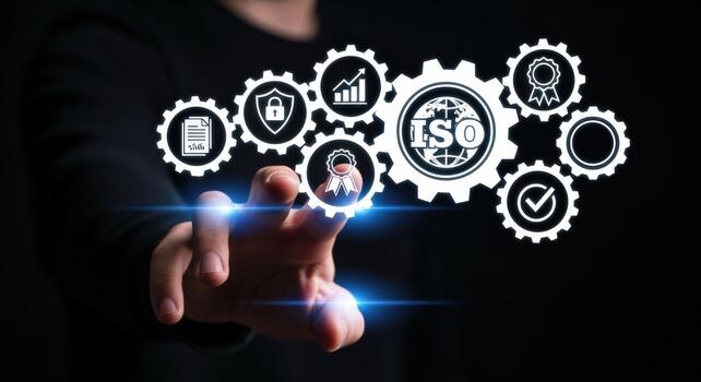 Quality Management System Concept Person Touching ISO Gears Representing Standards and Certification Processes photo