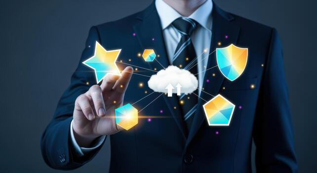 Businessman Interacting with Cloud Computing Interface, Showcasing Data Security and Modern Technology in Business photo