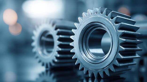 Close-up of Precision-Engineered Metal Gears Illustrating Industrial Mechanics and Engineering Technology with Blurred Background photo
