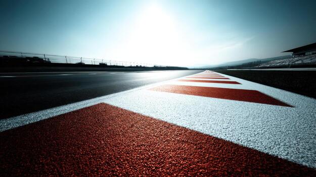 Racing Circuit Asphalt Perspective with Red and White Line Markings on a Sunny Day photo