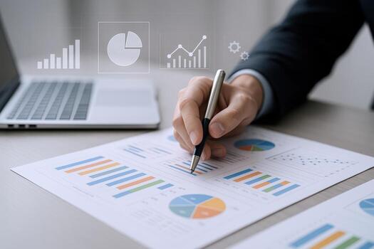 Business Analysis Man Analyzing Charts and Data for Financial Growth and Strategy Development photo