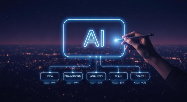 Artificial Intelligence Concept with Glowing Neon Diagram Representing Brainstorming, Analysis, Planning, and Implementation in Digital Space photo
