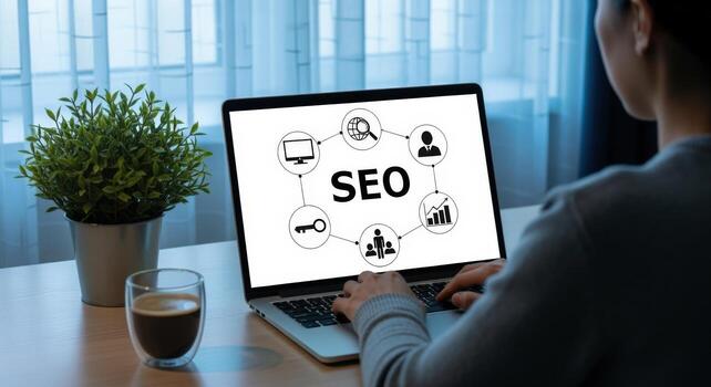 mujer trabajando en seo estrategia en computadora portátil, demostrando mejoramiento, marketing, y crecimiento conceptos en negocio ambiente foto