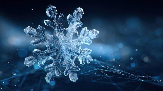 Macro Snowflake Against a Blue Gradient Background with Geometric Network for Winter and Christmas Holiday Season photo